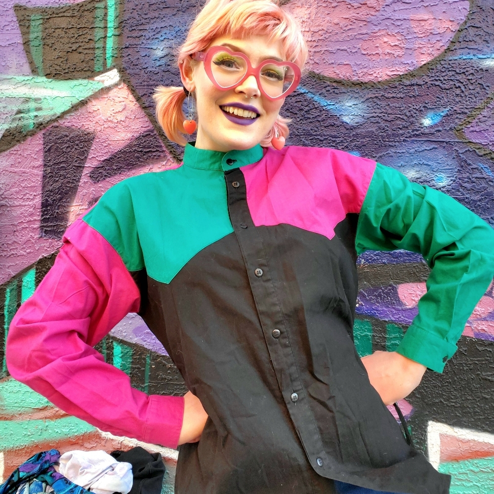 Colorblock Button-Up Top in Pink, Green & Black
